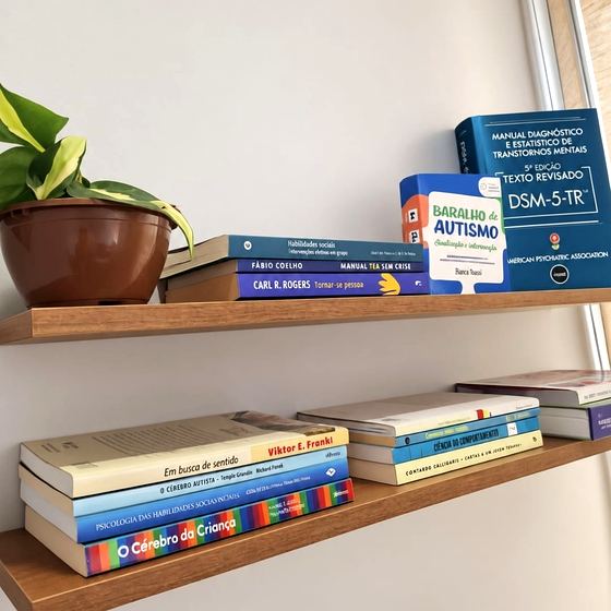 Prateleira com livros técnicos da equipe